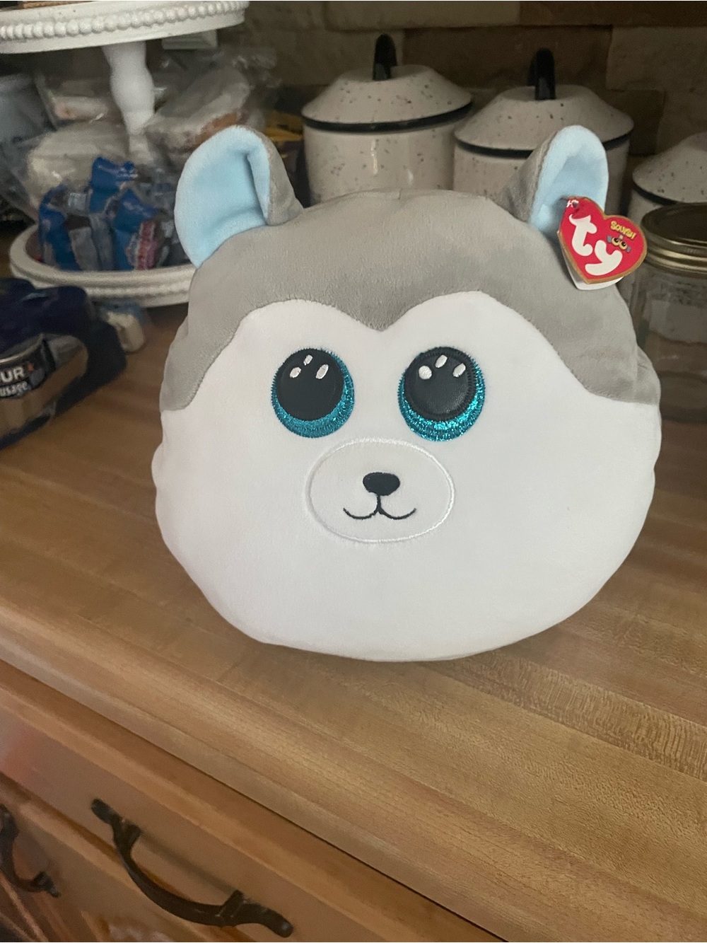 Ty Gray & White Husky Plush Pillow with Sparkly Blue Eyes